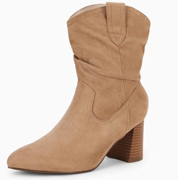 Chunky Block Mid-Calf Boots Pointed Toe Suede Size 7 Brown/ Tan Color Brand New - Picture 3 of 16